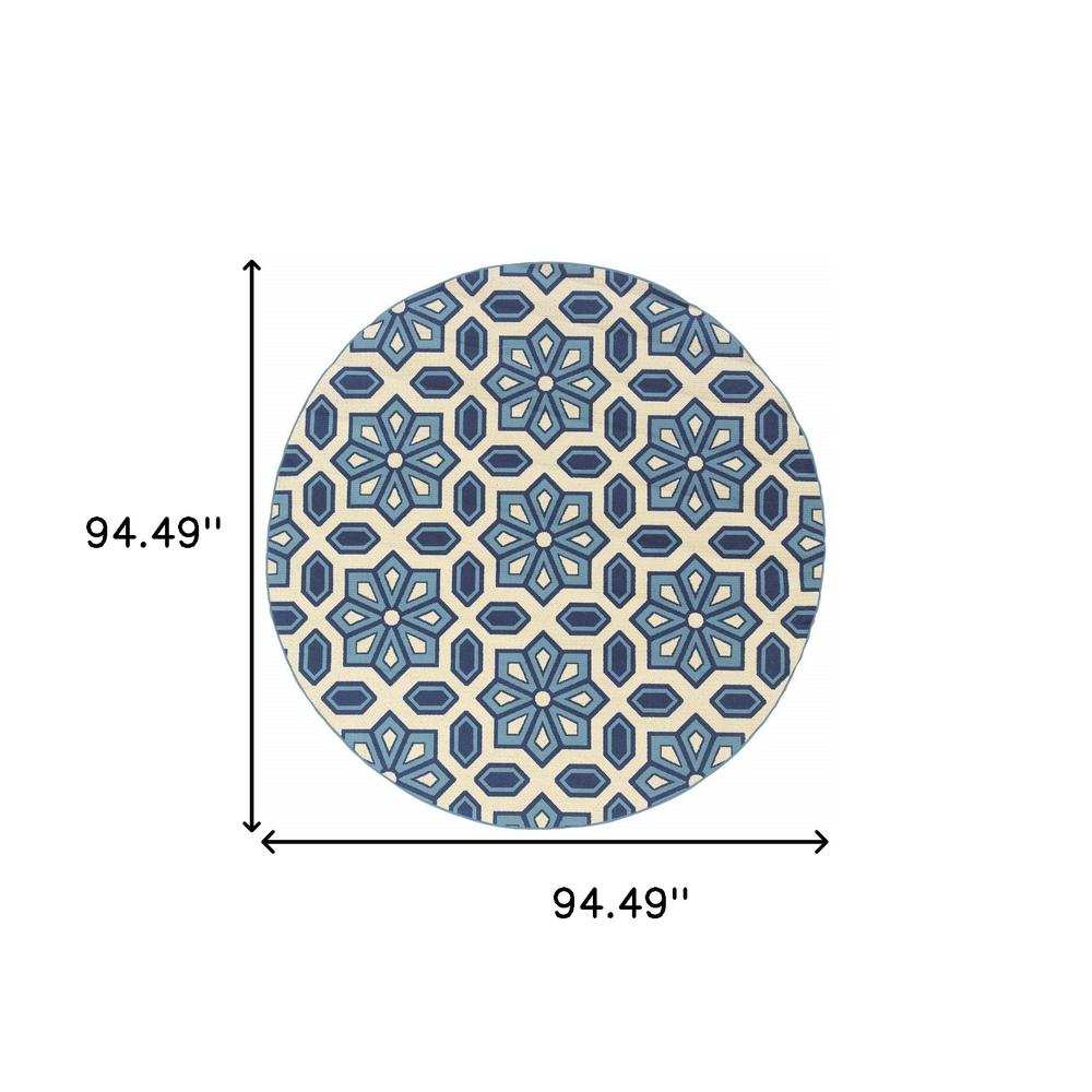 8' x 8' Ivory and Blue Round Geometric Stain Resistant Indoor Outdoor Area Rug. Picture 5