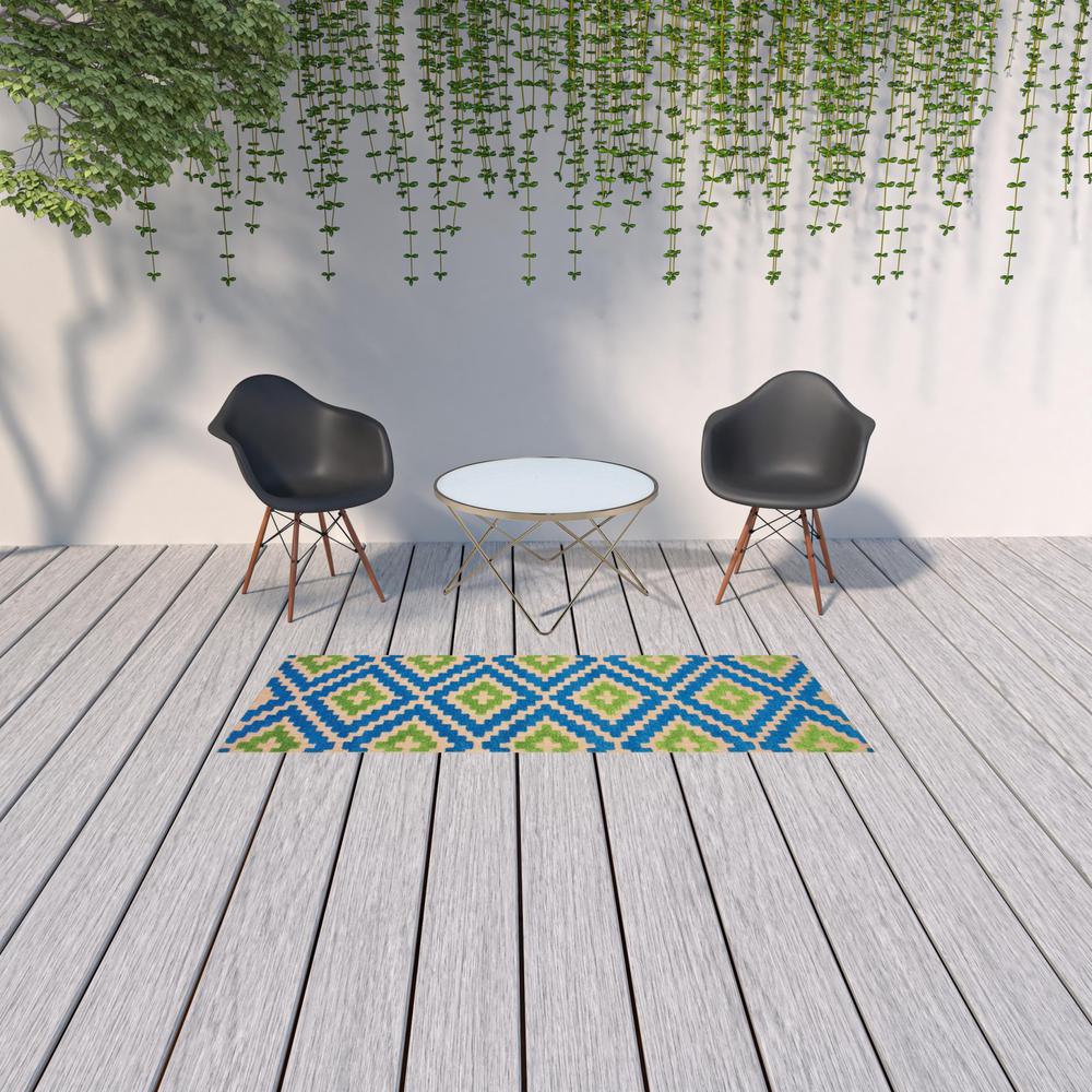 2' X 8' Blue and Beige Geometric Stain Resistant Indoor Outdoor Area Rug. Picture 2