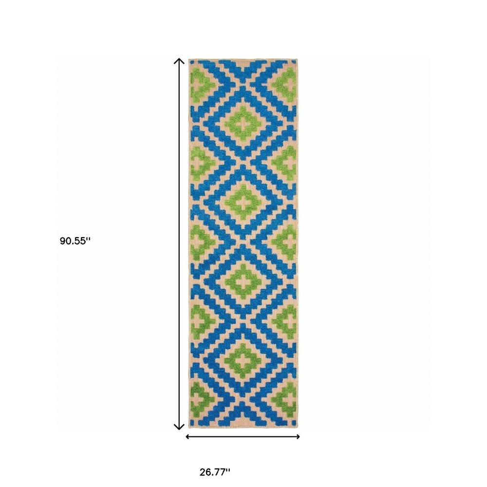 2' X 8' Blue and Beige Geometric Stain Resistant Indoor Outdoor Area Rug. Picture 4