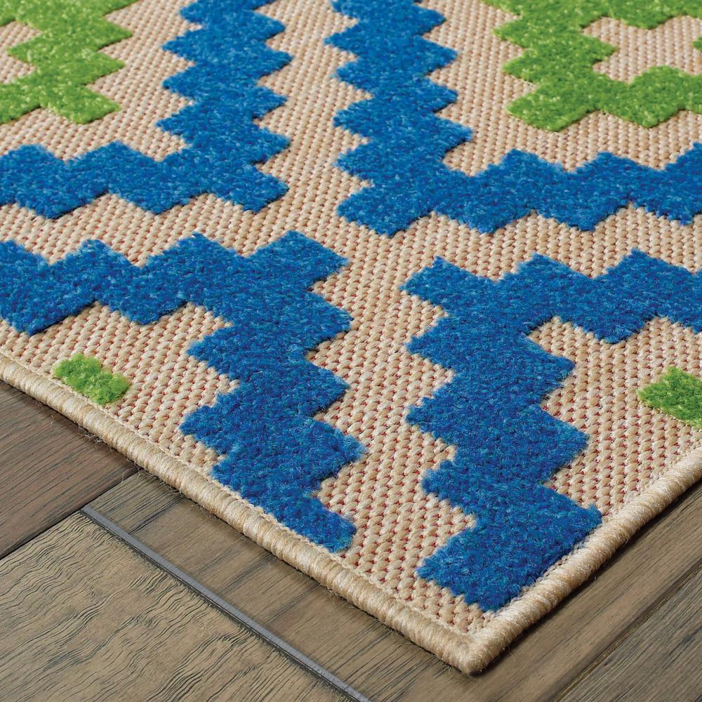 4' x 5' Blue and Beige Geometric Stain Resistant Indoor Outdoor Area Rug. Picture 3