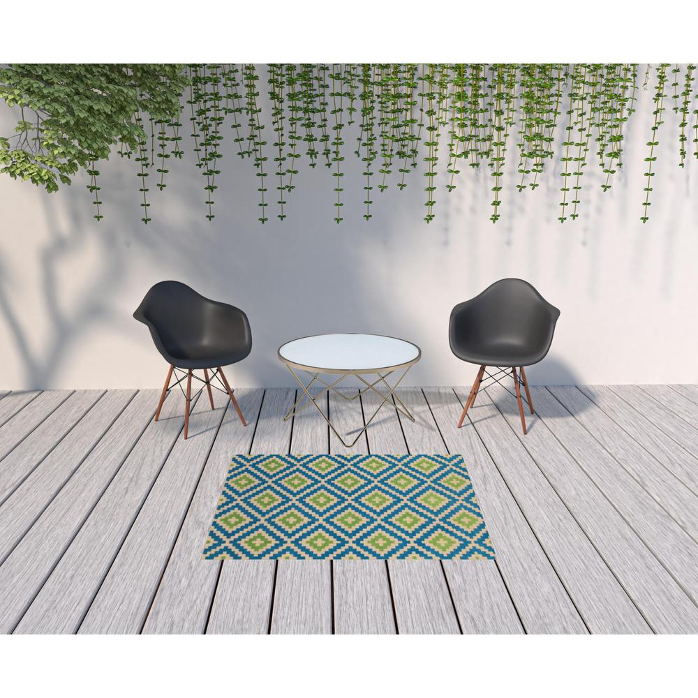 4' x 5' Blue and Beige Geometric Stain Resistant Indoor Outdoor Area Rug. Picture 2