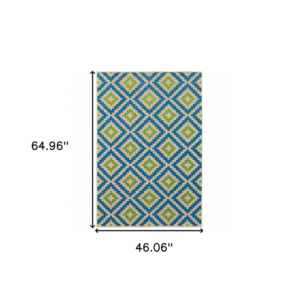 4' x 5' Blue and Beige Geometric Stain Resistant Indoor Outdoor Area Rug. Picture 5