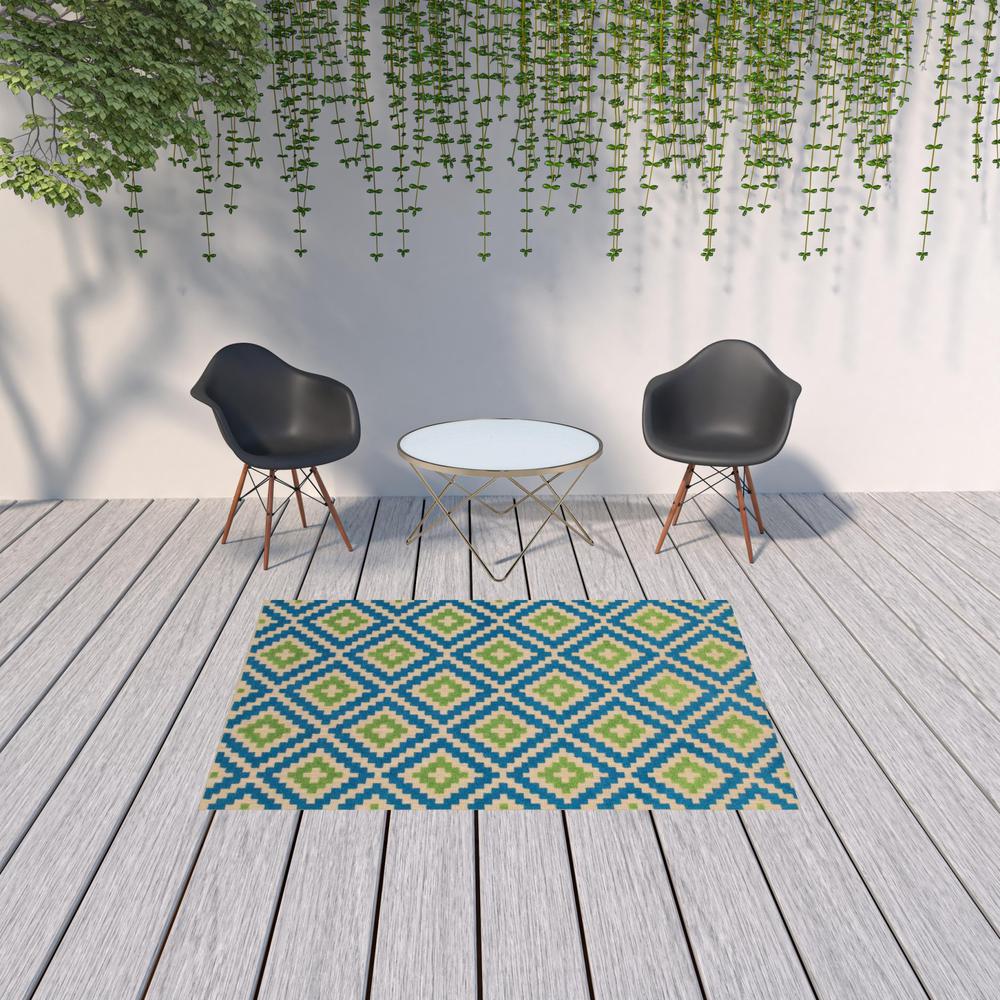 5' x 8' Blue and Beige Geometric Stain Resistant Indoor Outdoor Area Rug. Picture 2