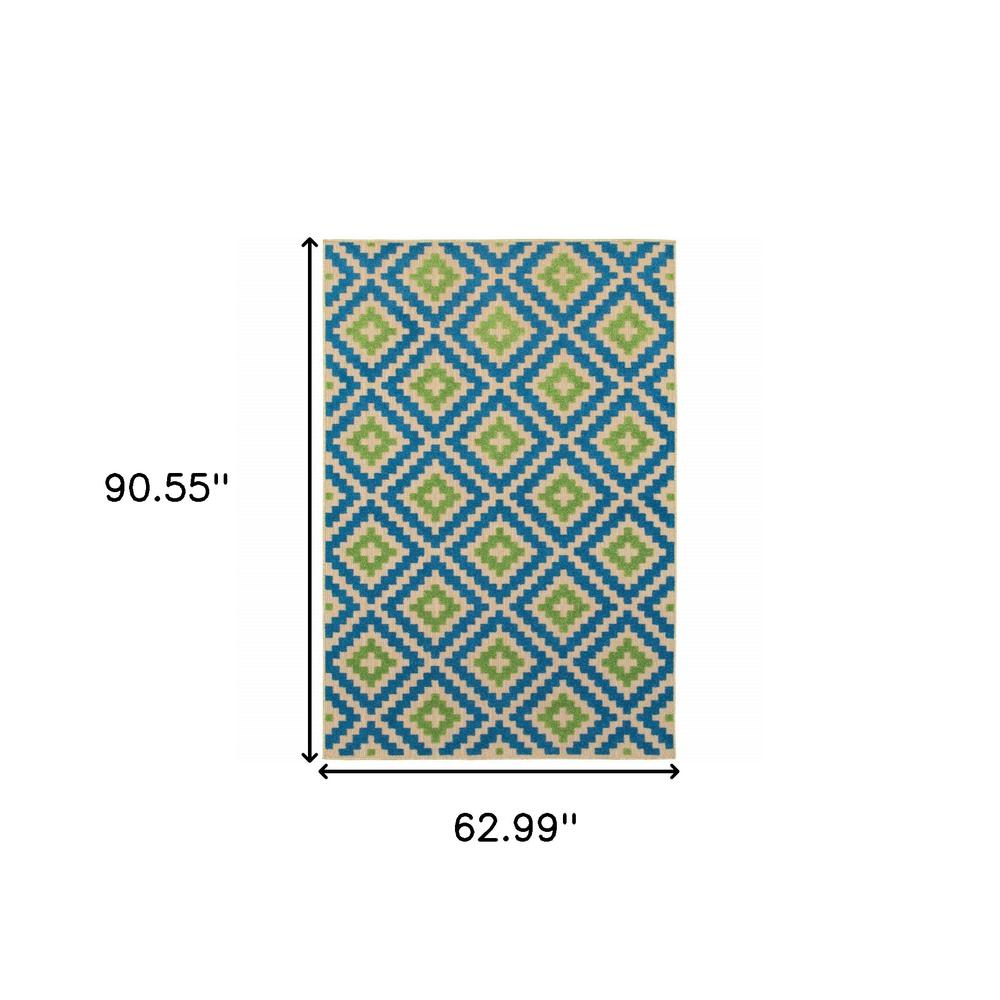 5' x 8' Blue and Beige Geometric Stain Resistant Indoor Outdoor Area Rug. Picture 5