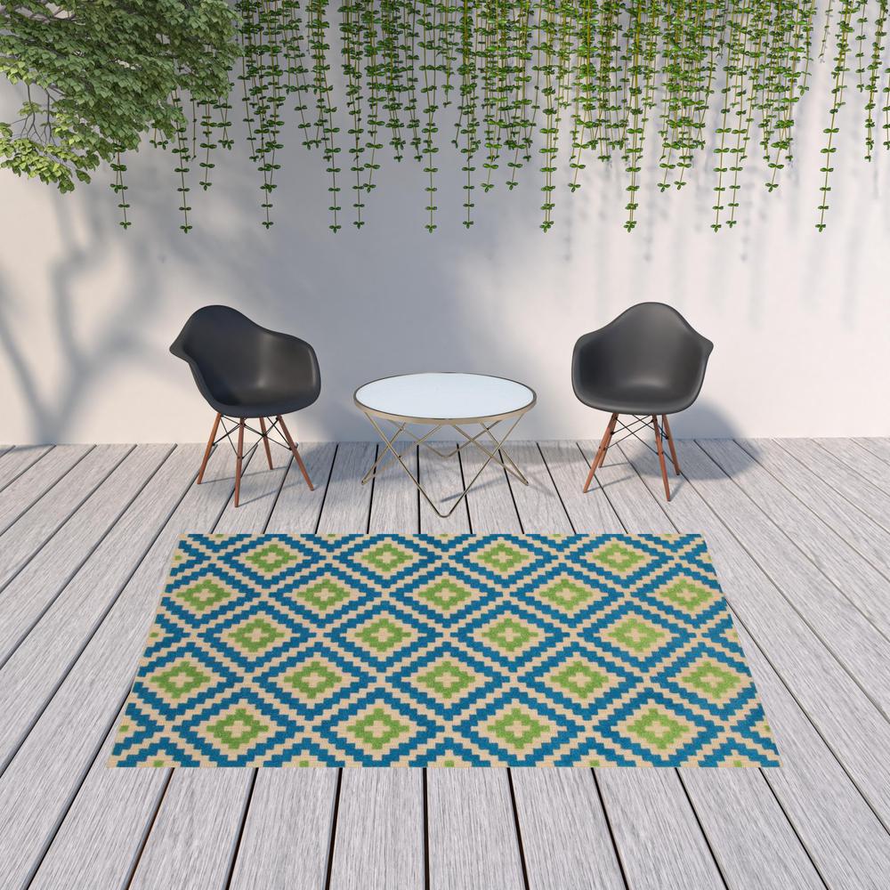 7' x 10' Blue and Beige Geometric Stain Resistant Indoor Outdoor Area Rug. Picture 2