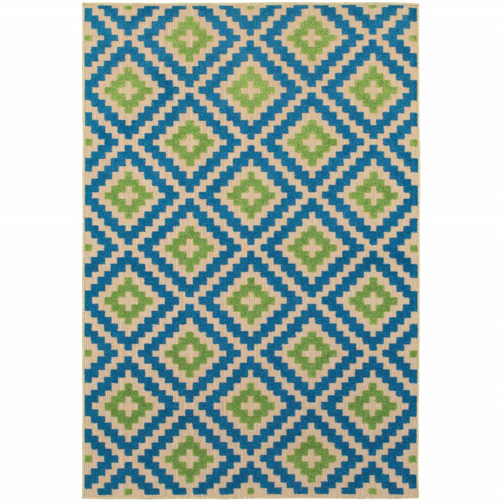 10' x 13' Blue and Beige Geometric Stain Resistant Indoor Outdoor Area Rug. Picture 1