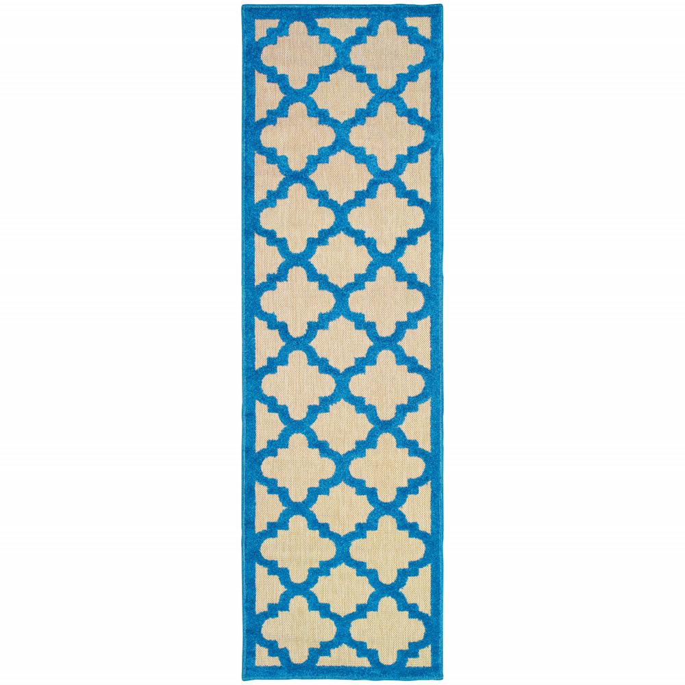 2' X 8' Blue and Beige Geometric Stain Resistant Indoor Outdoor Area Rug. Picture 1