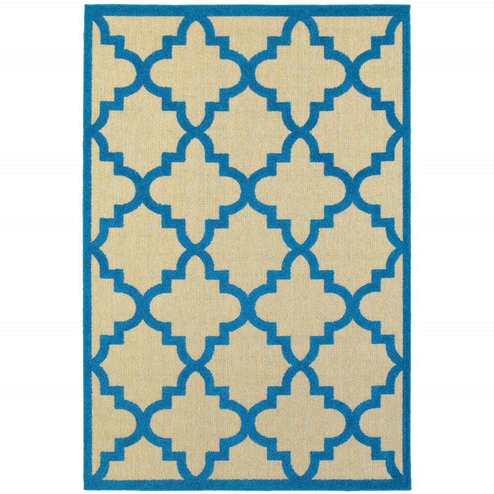 4' x 5' Blue and Beige Geometric Stain Resistant Indoor Outdoor Area Rug. Picture 1