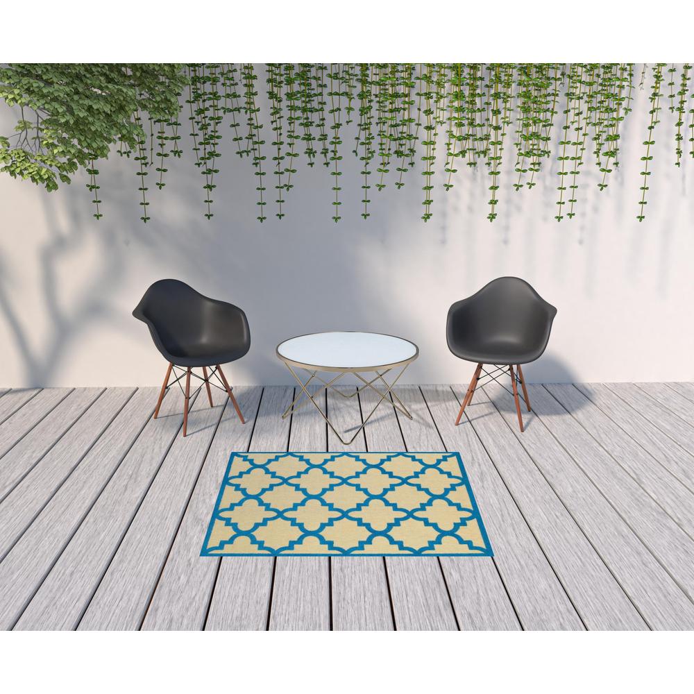 4' x 5' Blue and Beige Geometric Stain Resistant Indoor Outdoor Area Rug. Picture 2
