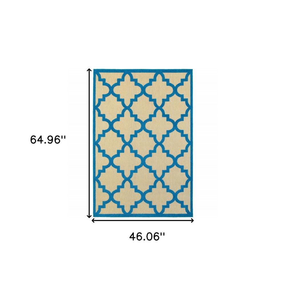 4' x 5' Blue and Beige Geometric Stain Resistant Indoor Outdoor Area Rug. Picture 5