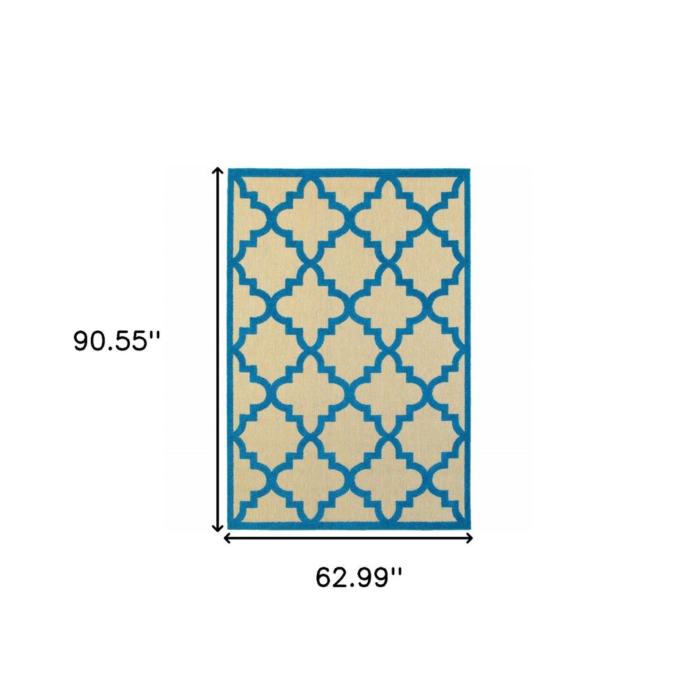 5' x 8' Blue and Beige Geometric Stain Resistant Indoor Outdoor Area Rug. Picture 5