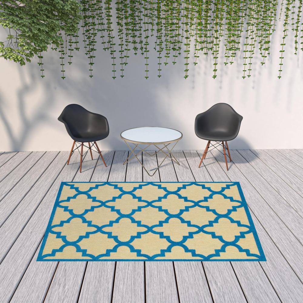 7' x 10' Blue and Beige Geometric Stain Resistant Indoor Outdoor Area Rug. Picture 2
