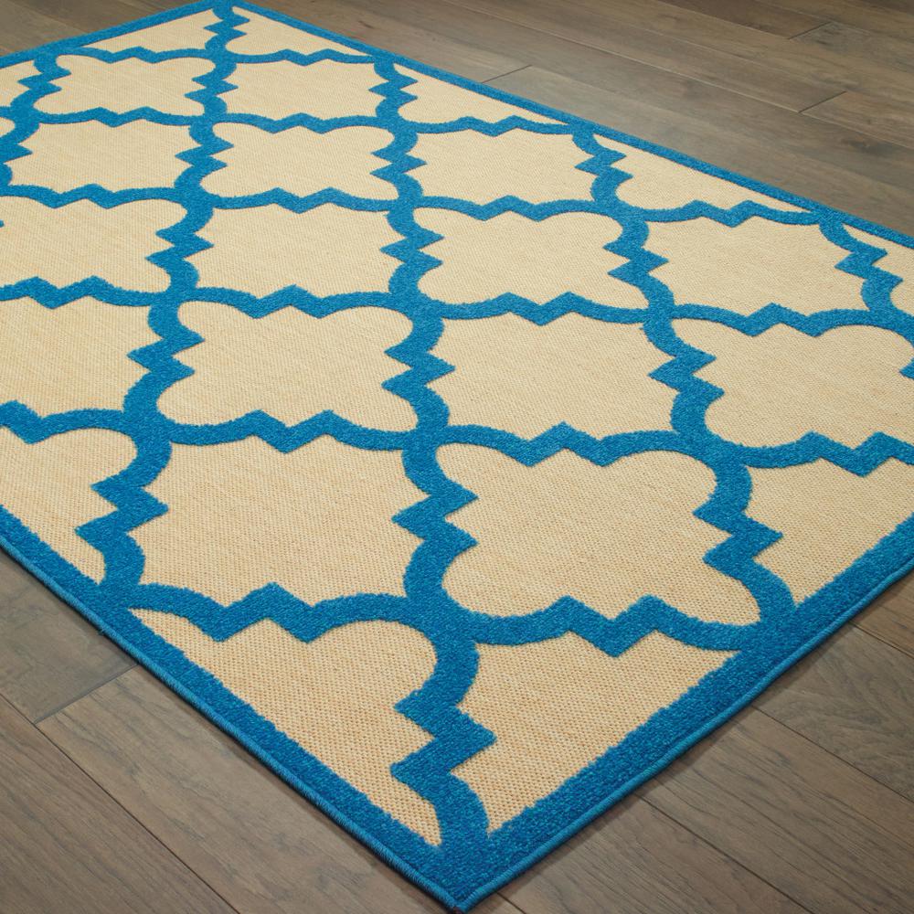 10' x 13' Blue and Beige Geometric Stain Resistant Indoor Outdoor Area Rug. Picture 4