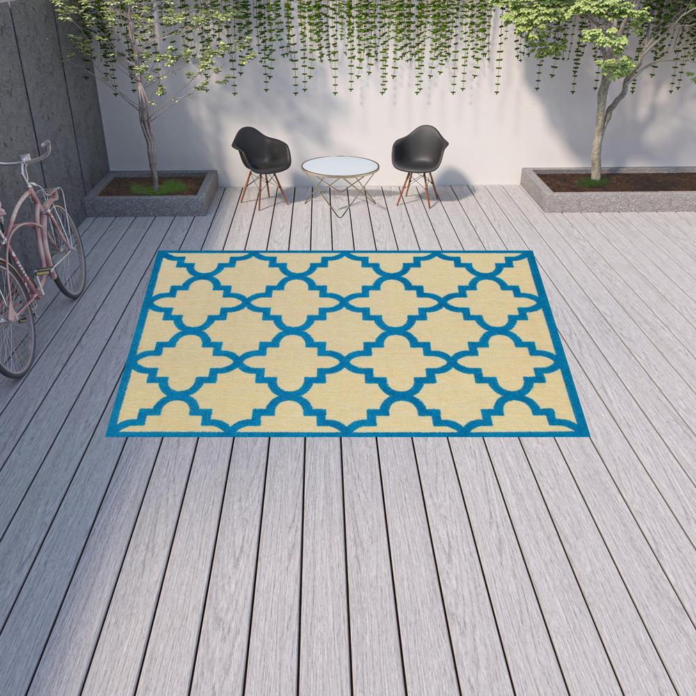 10' x 13' Blue and Beige Geometric Stain Resistant Indoor Outdoor Area Rug. Picture 2