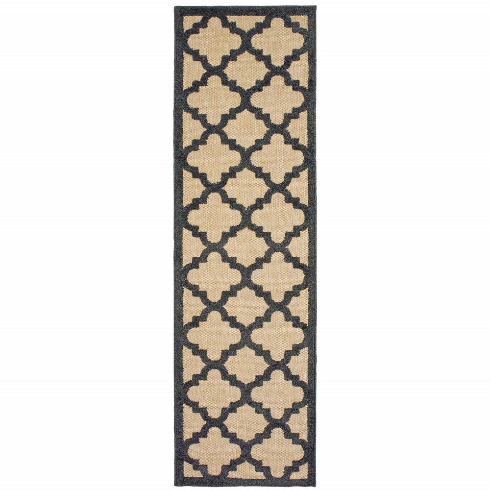 2' X 8' Beige and Black Geometric Stain Resistant Indoor Outdoor Area Rug. Picture 2