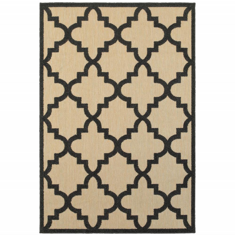 4' x 5' Beige and Black Geometric Stain Resistant Indoor Outdoor Area Rug. Picture 1