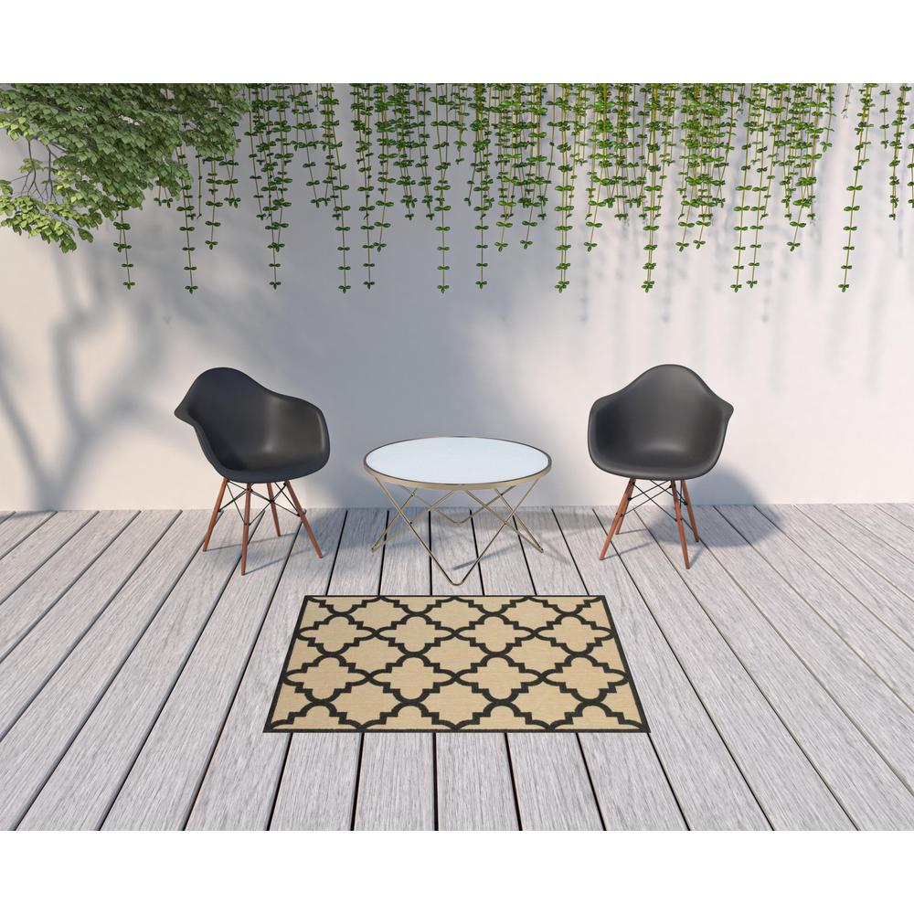 4' x 5' Beige and Black Geometric Stain Resistant Indoor Outdoor Area Rug. Picture 2