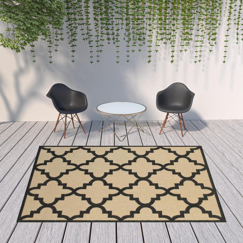 8' x 11' Beige and Black Geometric Stain Resistant Indoor Outdoor Area Rug. Picture 2