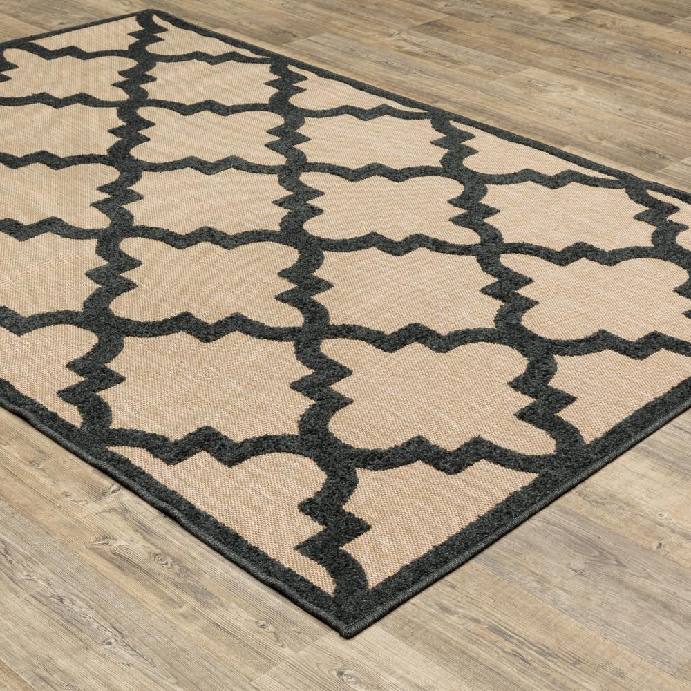 10' x 13' Beige and Black Geometric Stain Resistant Indoor Outdoor Area Rug. Picture 6