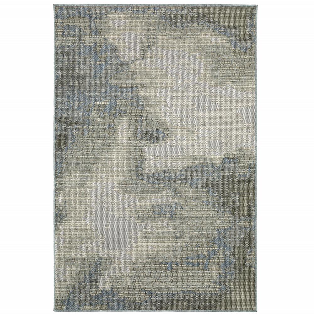 2' X 8' Blue and Gray Abstract Stain Resistant Indoor Outdoor Area Rug. Picture 1