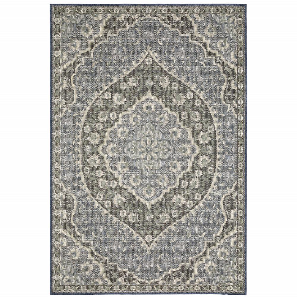2' X 8' Blue and Green Oriental Stain Resistant Indoor Outdoor Area Rug. Picture 1