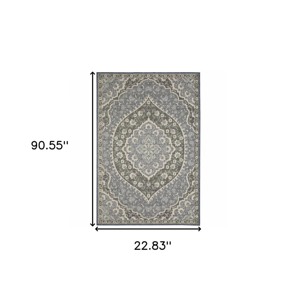 2' X 8' Blue and Green Oriental Stain Resistant Indoor Outdoor Area Rug. Picture 9