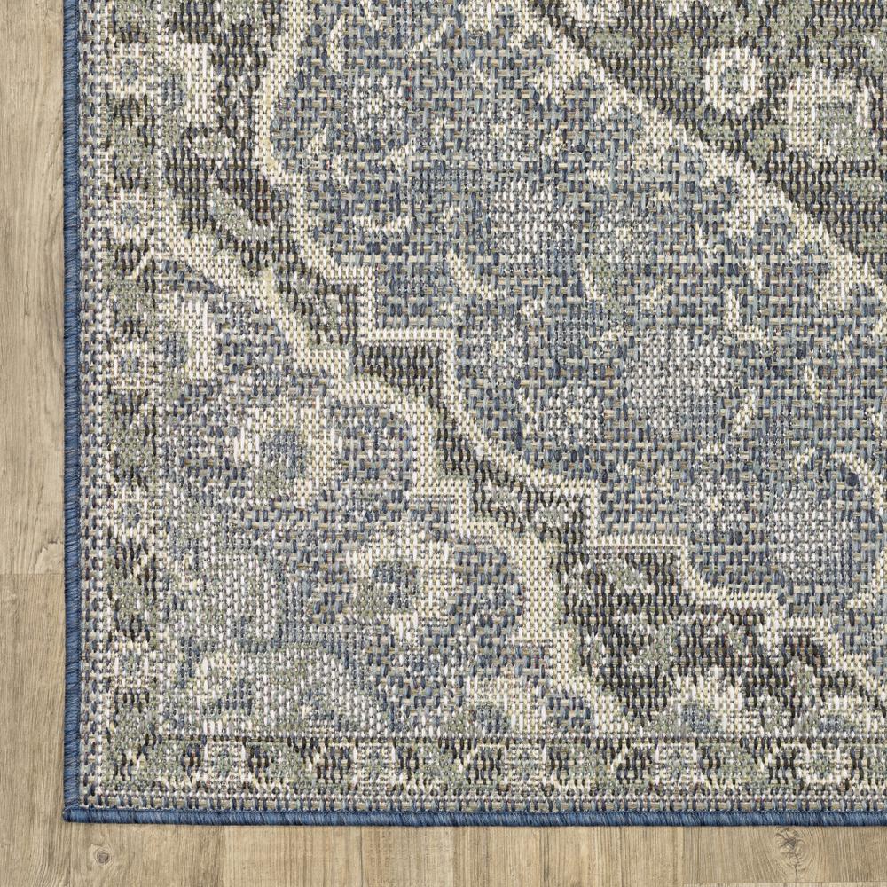 2' X 8' Blue and Green Oriental Stain Resistant Indoor Outdoor Area Rug. Picture 2