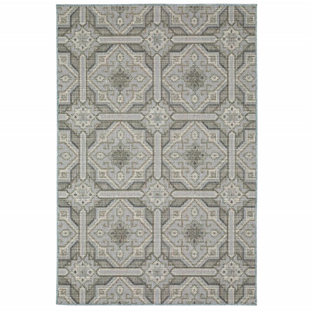 2' X 8' Blue and Gray Geometric Stain Resistant Indoor Outdoor Area Rug. Picture 1