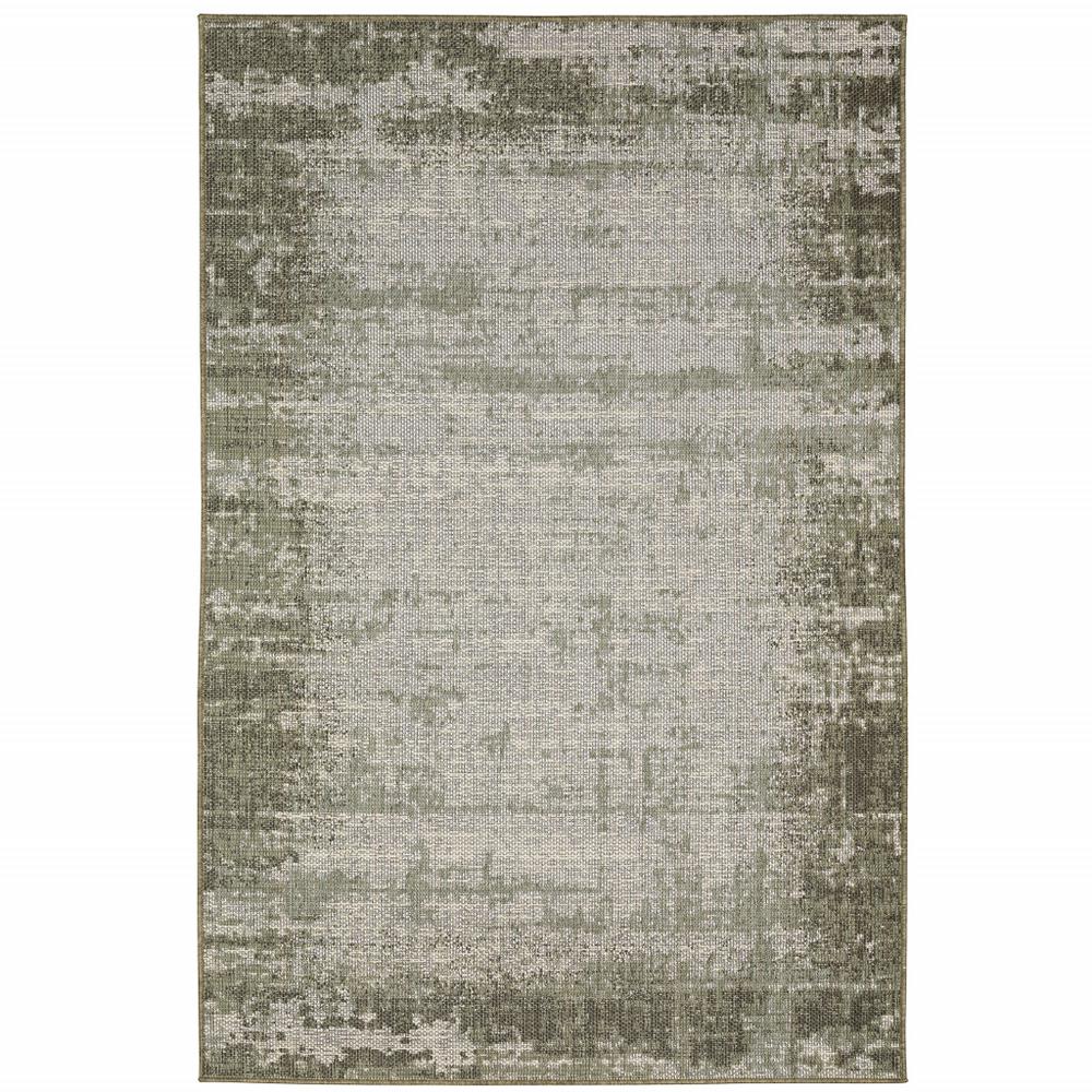2' X 8' Green and Ivory Abstract Stain Resistant Indoor Outdoor Area Rug. Picture 1