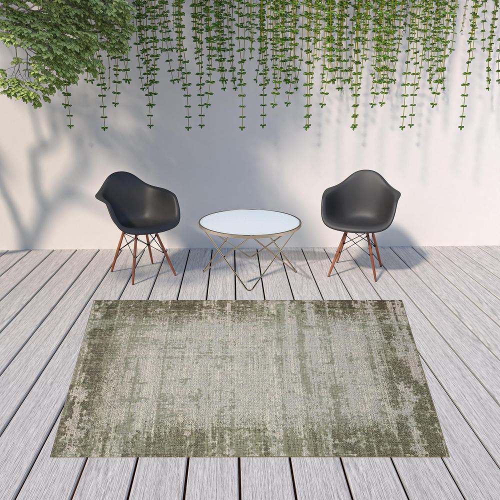 8' x 10' Green and Ivory Abstract Stain Resistant Indoor Outdoor Area Rug. Picture 3
