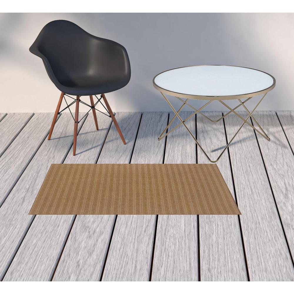 2' X 4' Tan Striped Stain Resistant Indoor Outdoor Area Rug. Picture 2