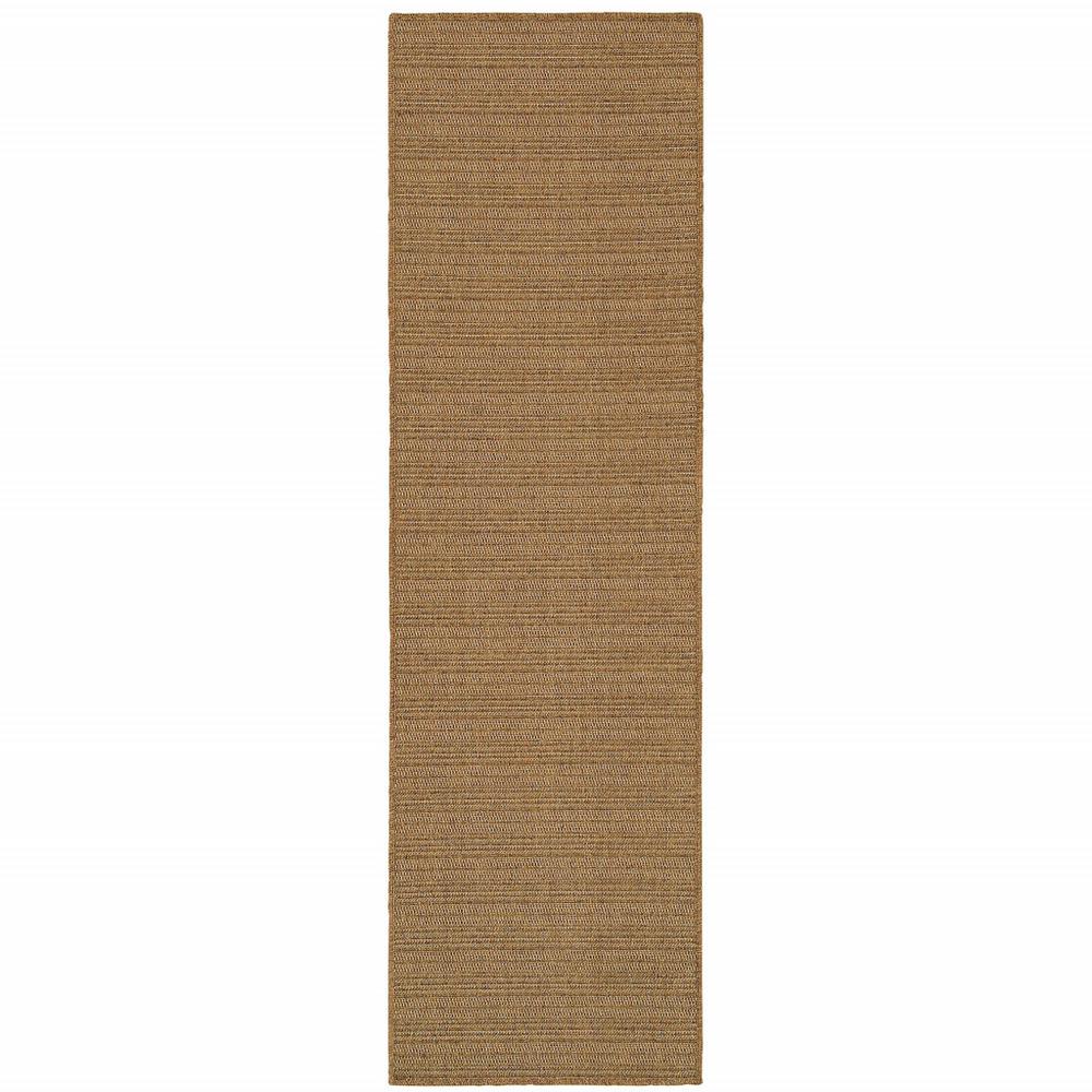 2' X 8' Tan Striped Stain Resistant Indoor Outdoor Area Rug. Picture 1