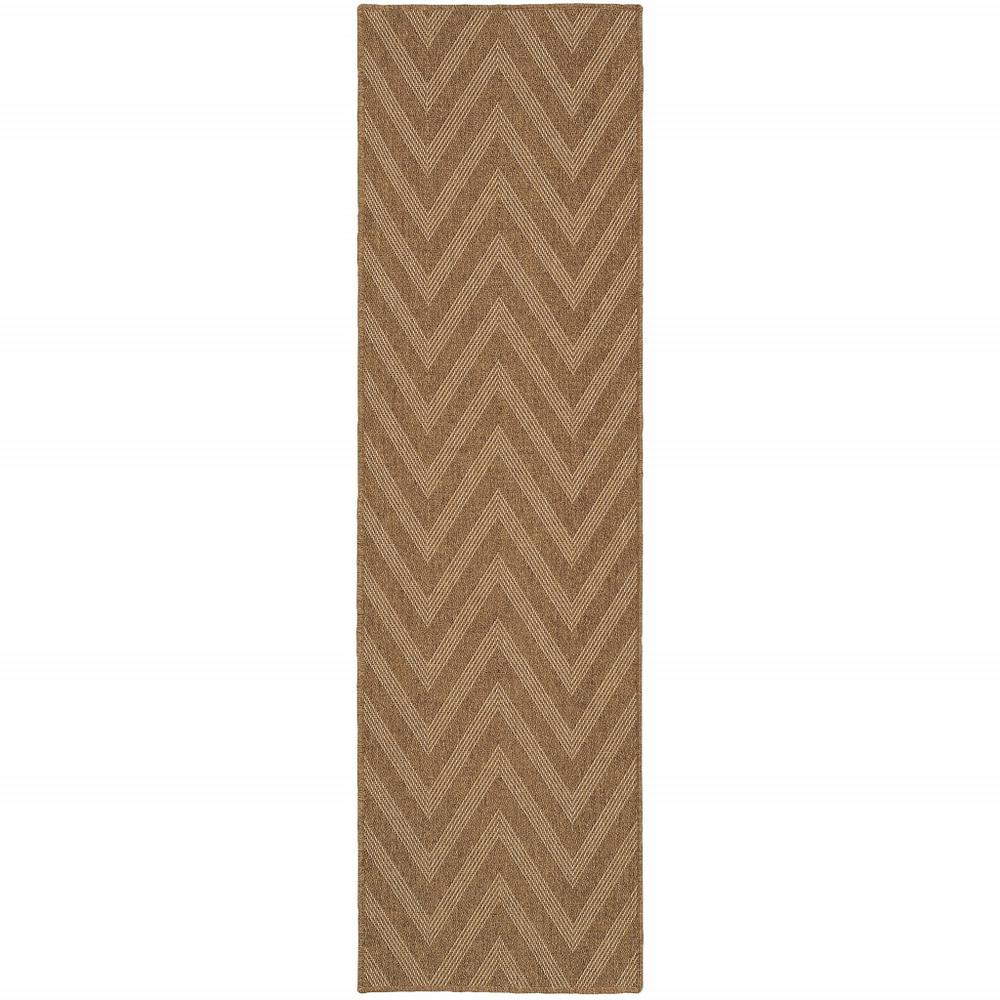 2' X 8' Tan Geometric Stain Resistant Indoor Outdoor Area Rug. Picture 1
