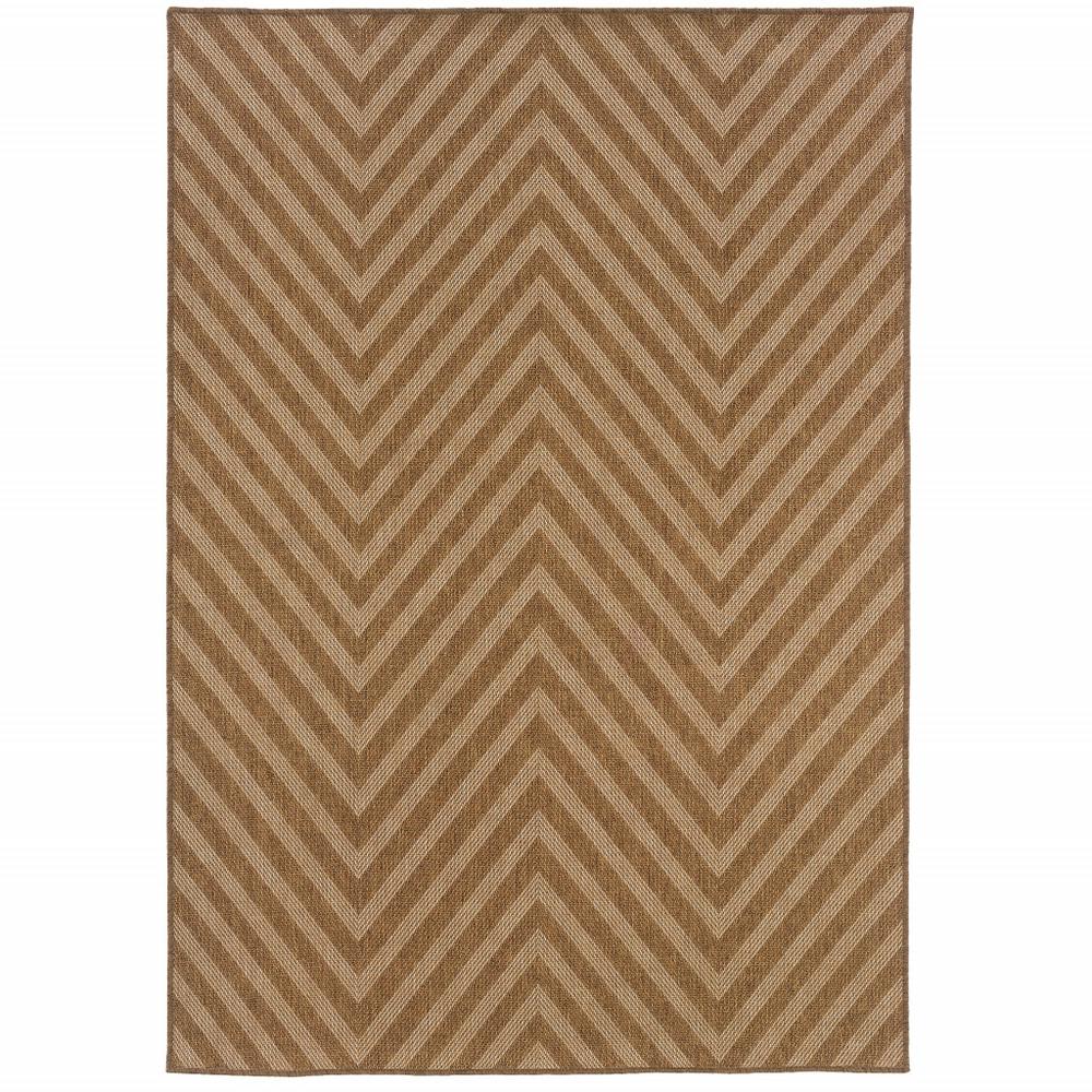 7' x 10' Tan Geometric Stain Resistant Indoor Outdoor Area Rug. Picture 1