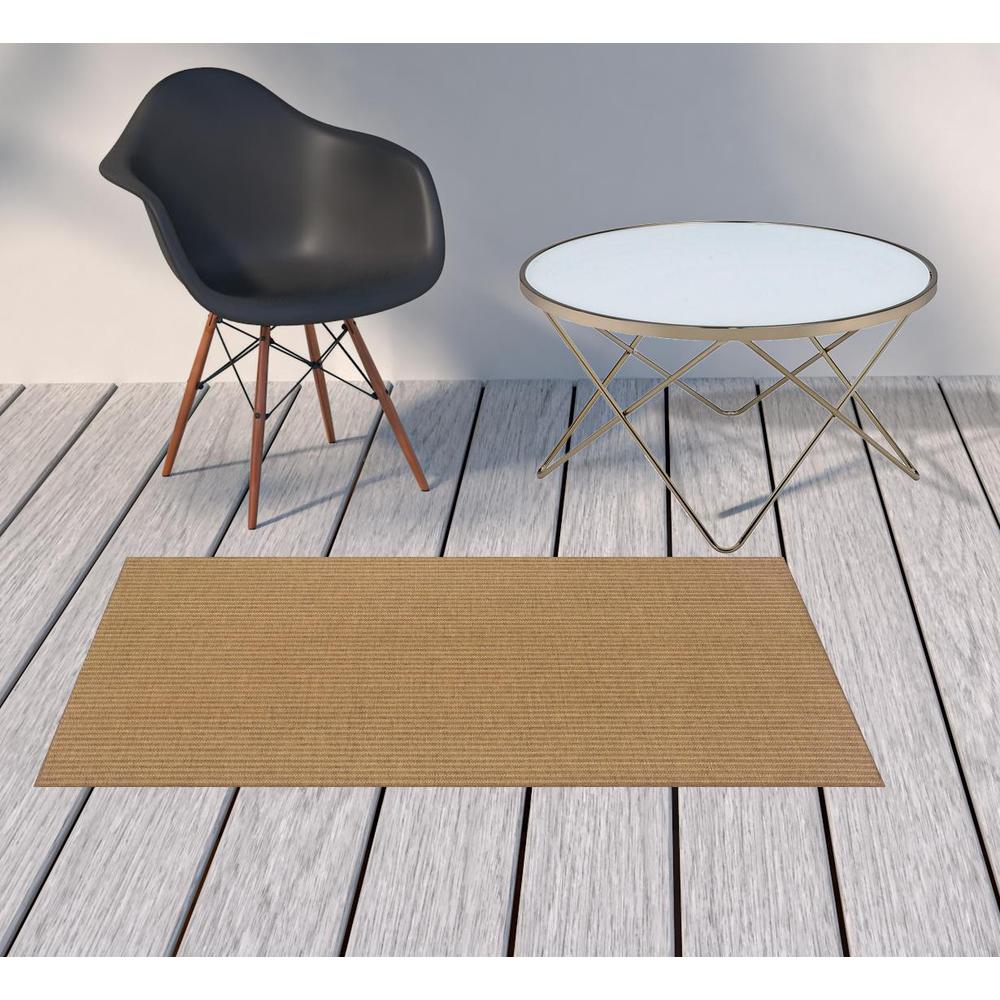 2' X 4' Tan Striped Stain Resistant Indoor Outdoor Area Rug. Picture 2
