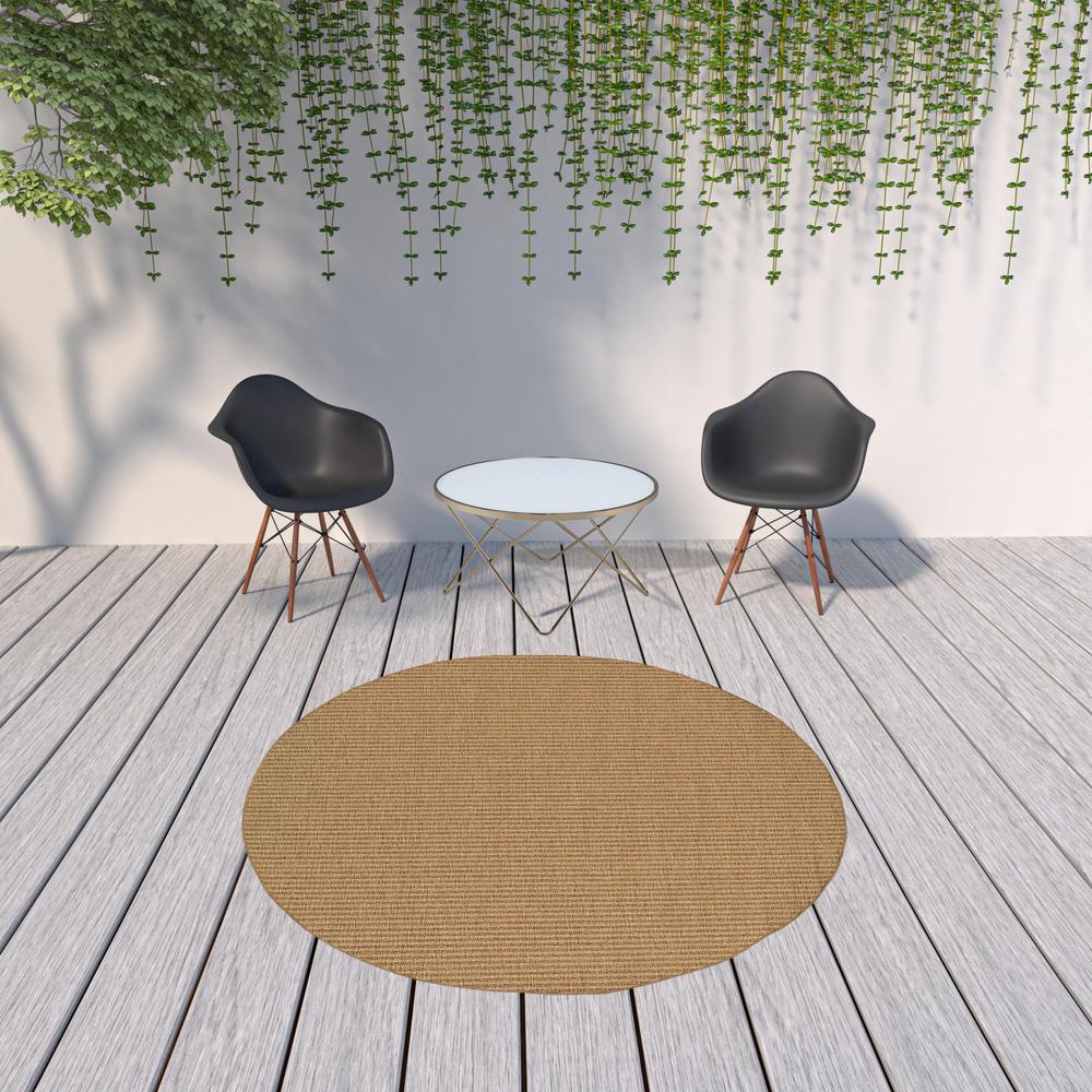 8' x 8' Tan Round Striped Stain Resistant Indoor Outdoor Area Rug. Picture 3