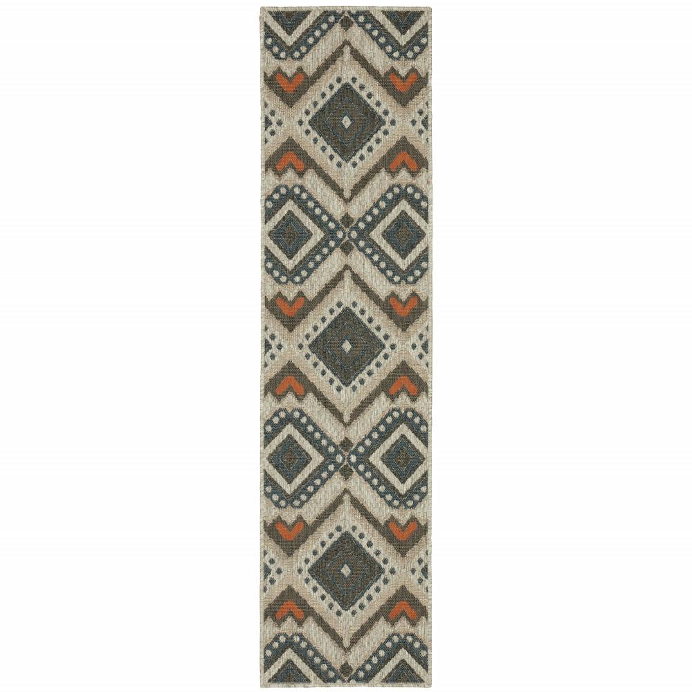 2' X 8' Gray Geometric Stain Resistant Indoor Outdoor Area Rug. Picture 2