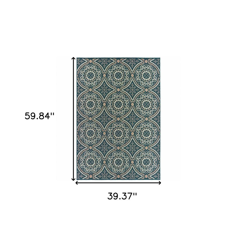 3' X 5' Blue and Gray Geometric Stain Resistant Indoor Outdoor Area Rug. Picture 6