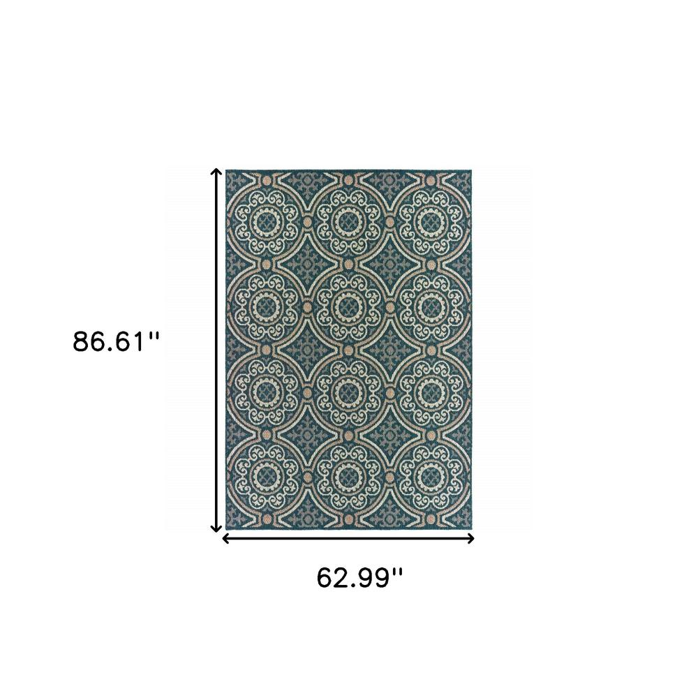 5' x 7' Blue and Gray Geometric Stain Resistant Indoor Outdoor Area Rug. Picture 6
