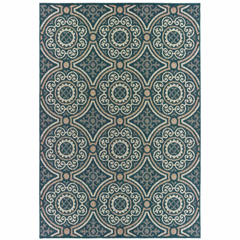 7' x 9' Blue and Gray Geometric Stain Resistant Indoor Outdoor Area Rug. Picture 1