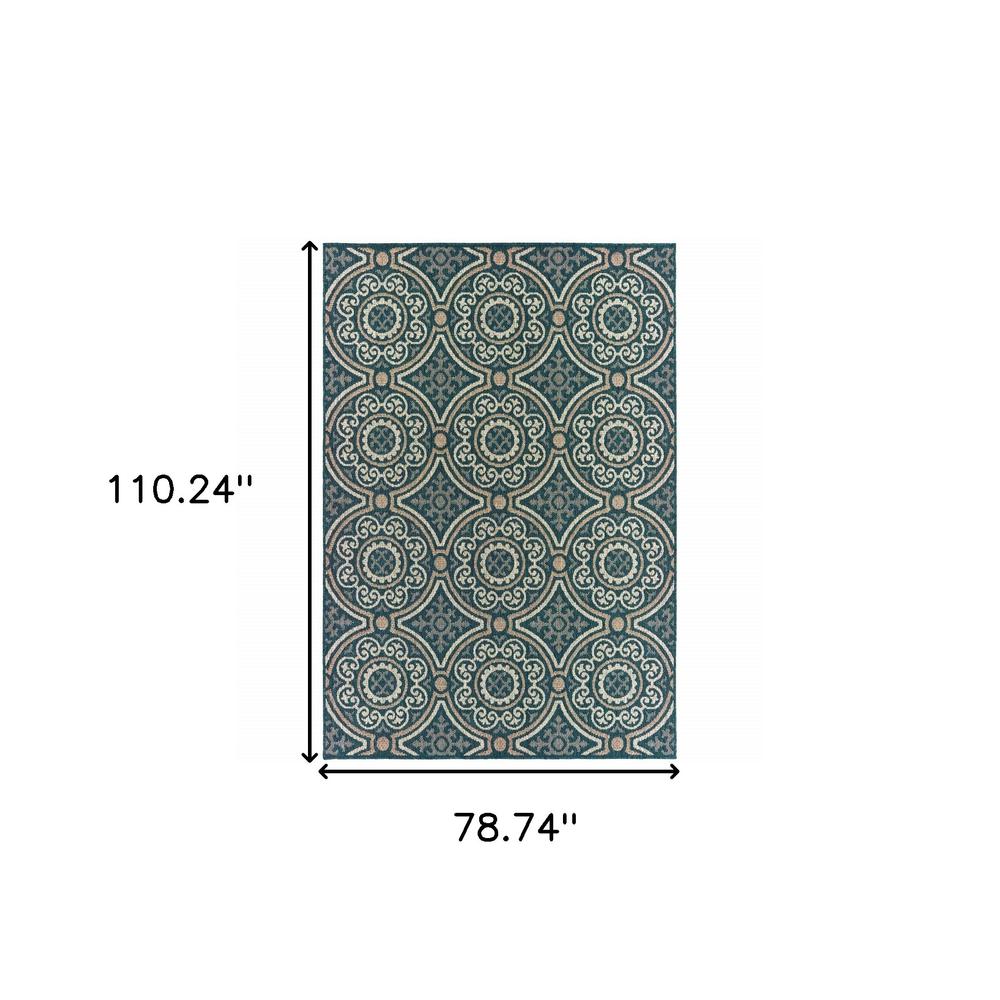 7' x 9' Blue and Gray Geometric Stain Resistant Indoor Outdoor Area Rug. Picture 6