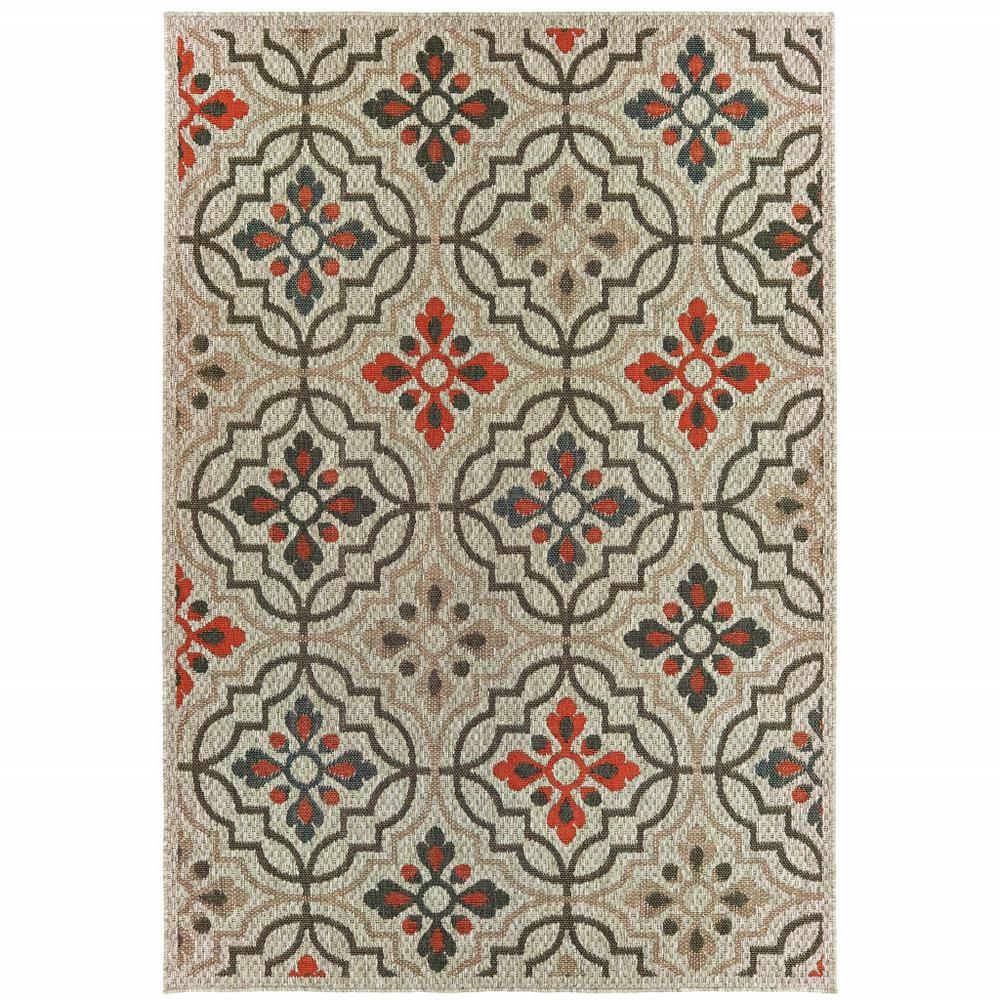 7' x 9' Gray Geometric Stain Resistant Indoor Outdoor Area Rug. Picture 1