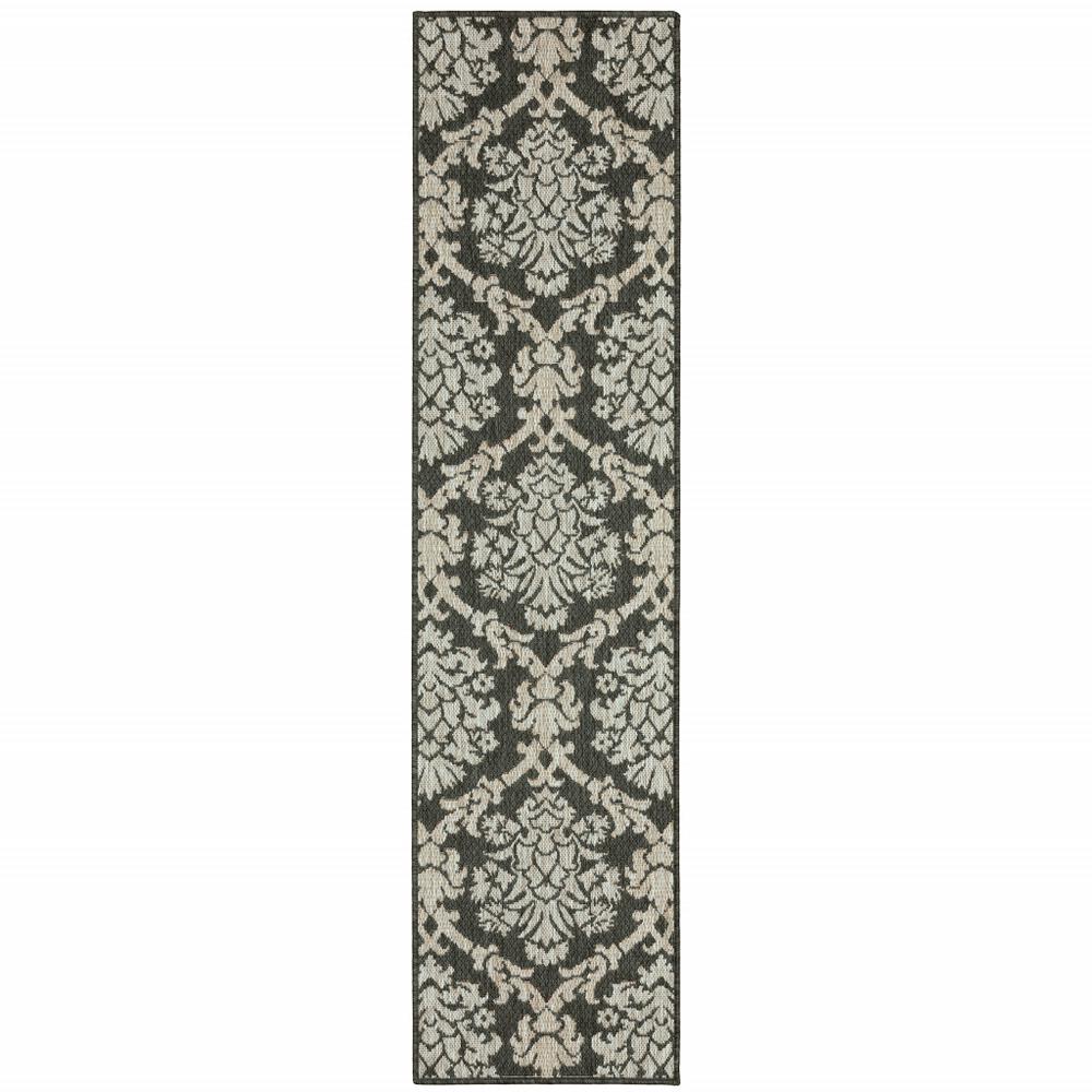 2' X 8' Gray Floral Stain Resistant Indoor Outdoor Area Rug. Picture 1