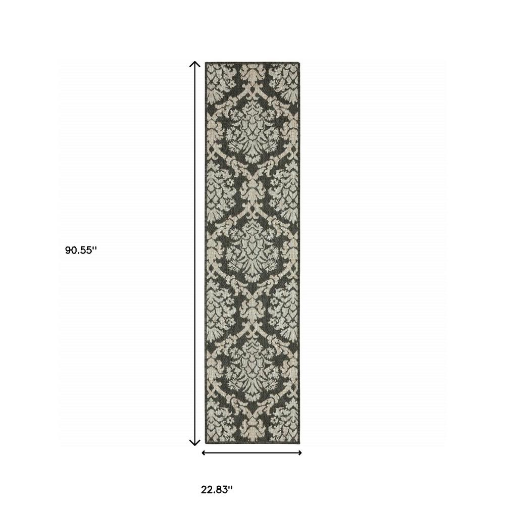 2' X 8' Gray Floral Stain Resistant Indoor Outdoor Area Rug. Picture 5