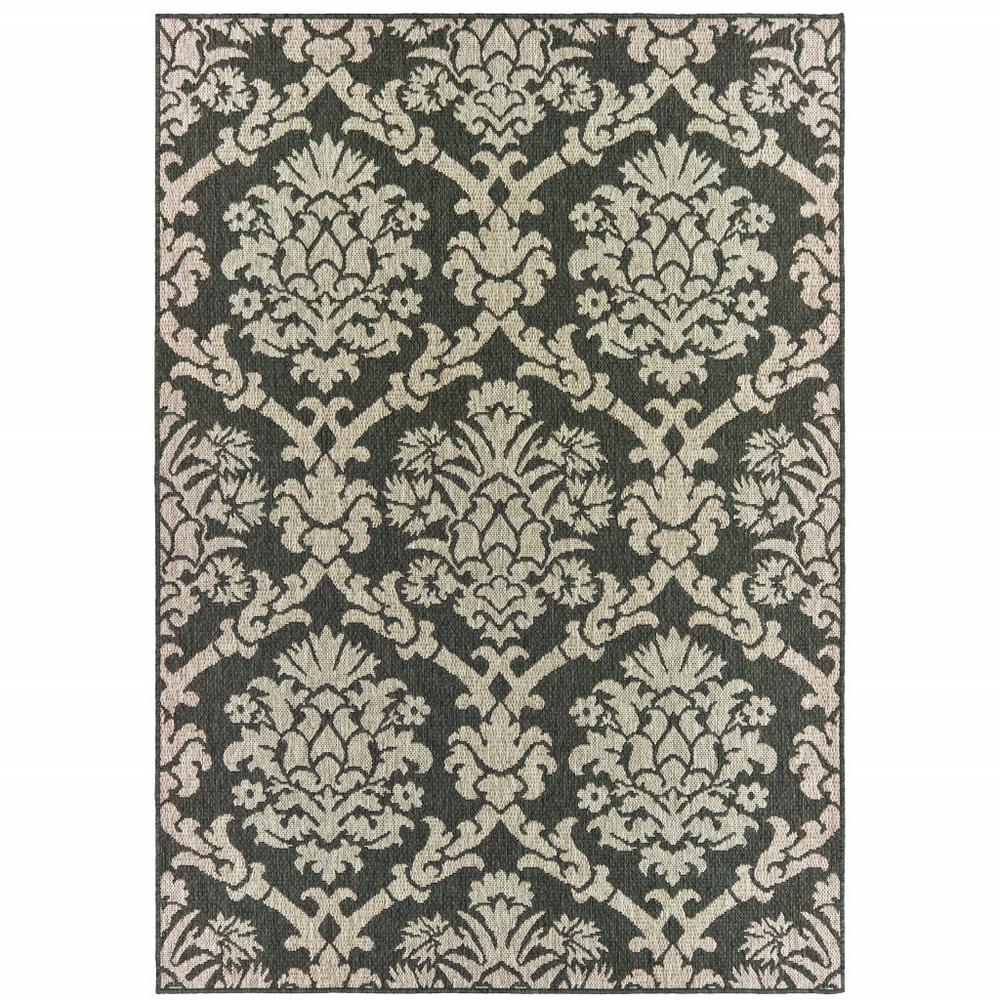 5' x 7' Gray Floral Stain Resistant Indoor Outdoor Area Rug. Picture 1