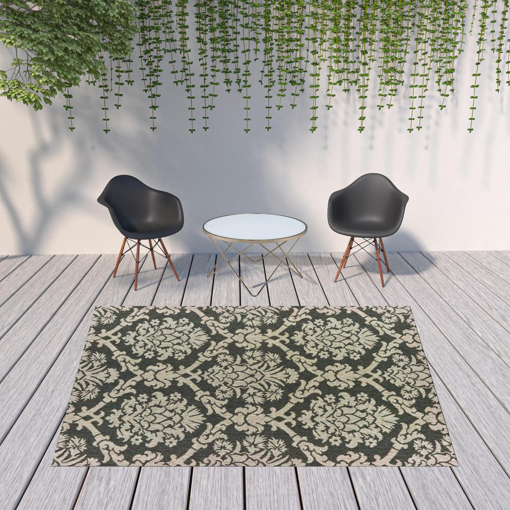 8' x 10' Gray Floral Stain Resistant Indoor Outdoor Area Rug. Picture 2