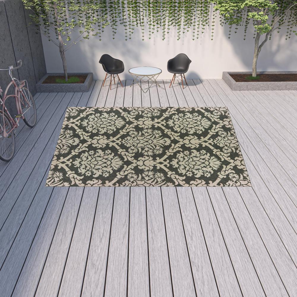 10' x 13' Gray Floral Stain Resistant Indoor Outdoor Area Rug. Picture 2