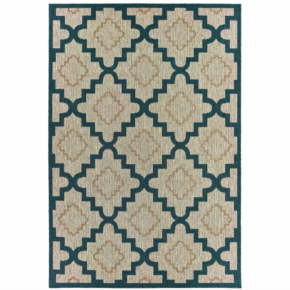 5' x 7' Blue and Gray Geometric Stain Resistant Indoor Outdoor Area Rug. Picture 1