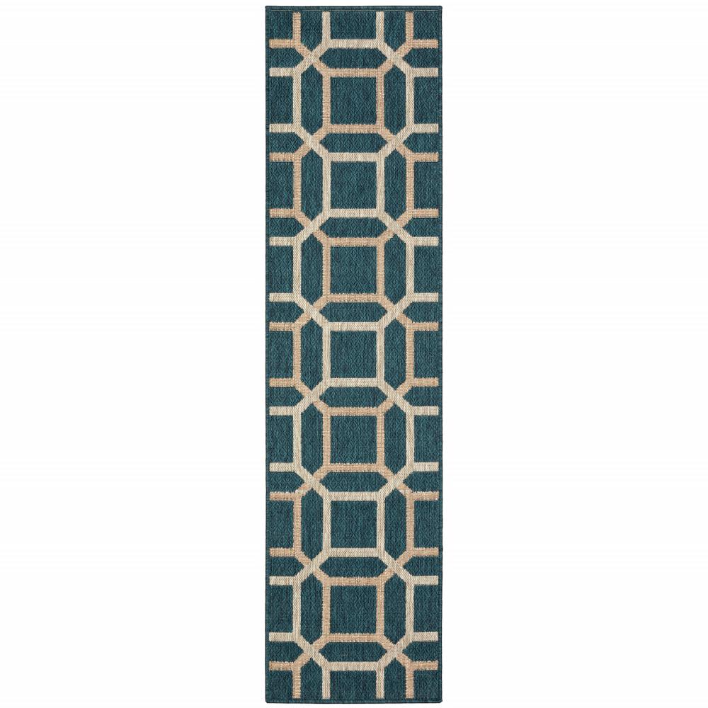 2' X 8' Blue and Gray Geometric Stain Resistant Indoor Outdoor Area Rug. Picture 1
