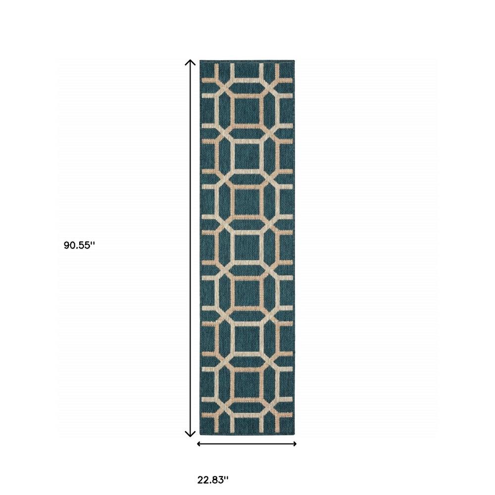 2' X 8' Blue and Gray Geometric Stain Resistant Indoor Outdoor Area Rug. Picture 5